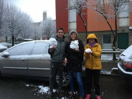 Three ESRs looking very cold and holding snowballs.